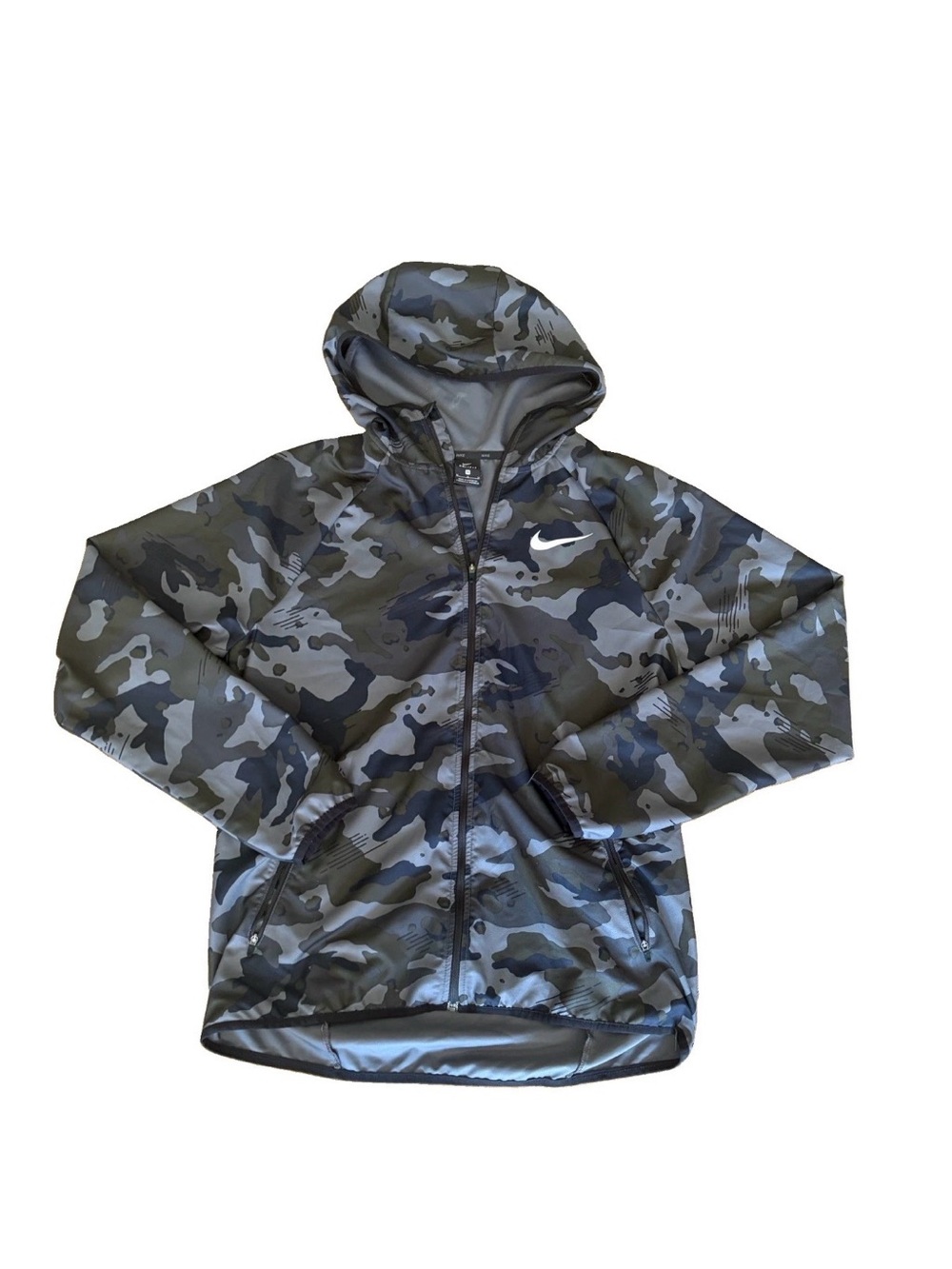 Nike dry fit running jacket men’s medium gray camo hooded full zip AQ1149–021